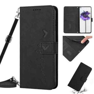 For Nothing Phone 1 Skin Feel Heart Pattern Leather Phone Case with Lanyard(Black)