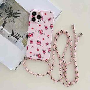 For iPhone 12 Pro Lanyard Small Floral TPU Phone Case(Pink Lanyard + Red Flower)