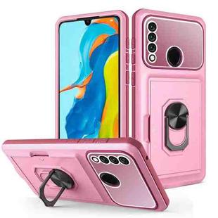 For Huawei P30 Lite Card Ring Holder PC + TPU Phone Case(Pink+Wine Red)