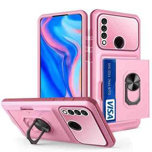 For Huawei Y9 Prime 2019 Card Ring Holder PC + TPU Phone Case(Pink+Wine Red)