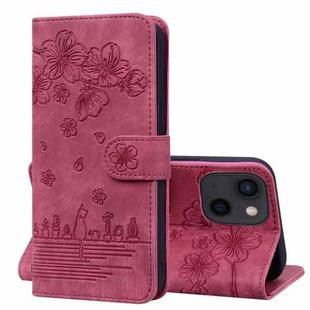 For iPhone 13 mini Cartoon Sakura Cat Embossed Leather Case (Wine Red)