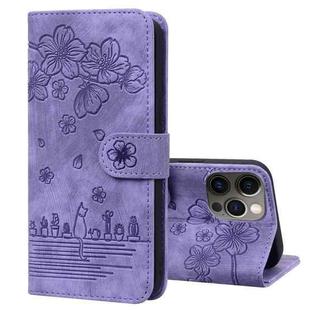 For iPhone 13 Pro Cartoon Sakura Cat Embossed Leather Case (Purple)