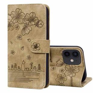 For iPhone 12 mini Cartoon Sakura Cat Embossed Leather Case (Brown)