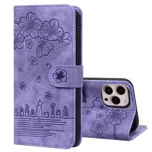 For iPhone 12 Pro Max Cartoon Sakura Cat Embossed Leather Case(Purple)