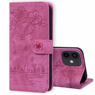 For iPhone 11 Cartoon Sakura Cat Embossed Leather Case (Rose Red)