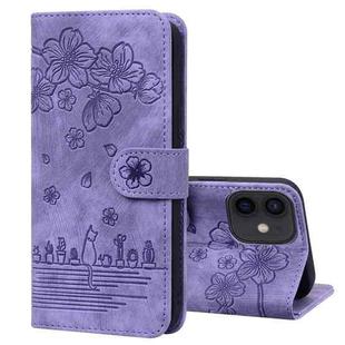 For iPhone 11 Cartoon Sakura Cat Embossed Leather Case (Purple)