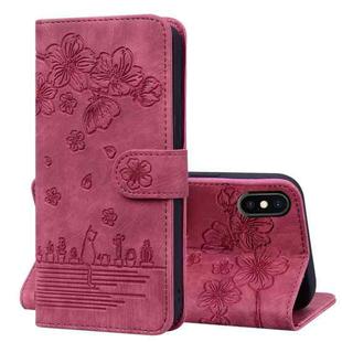 For iPhone XS Max Cartoon Sakura Cat Embossed Leather Case(Wine Red)