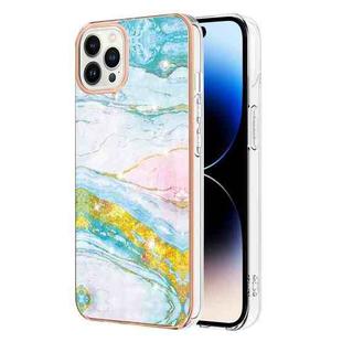 For iPhone 14 Pro Max Electroplating Marble Pattern Dual-side IMD TPU Shockproof Phone Case (Green 004)