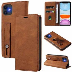 For iPhone 11 Wristband Magnetic Leather Phone Case (Brown)