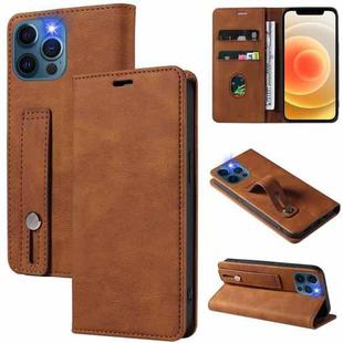 For iPhone 12 Pro Max Wristband Magnetic Leather Phone Case(Brown)