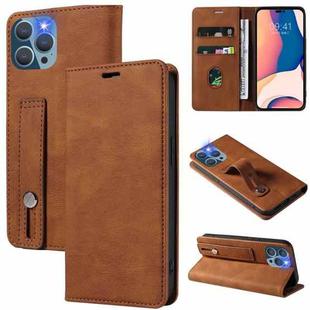 For iPhone 13 Pro Max Wristband Magnetic Leather Phone Case (Brown)