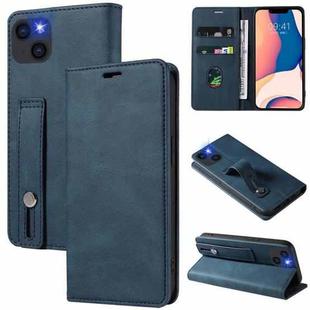 For iPhone 14 Plus Wristband Magnetic Leather Phone Case (Dark Blue)