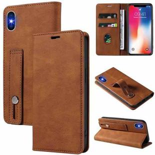 For iPhone XS Max Wristband Magnetic Leather Phone Case(Brown)