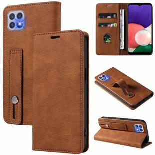 For Samsung Galaxy A22 5G Wristband Magnetic Leather Phone Case(Brown)