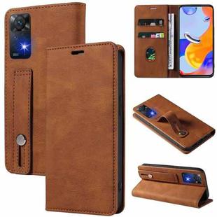 For Xiaomi Redmi Note 11 Global Wristband Magnetic Leather Phone Case(Brown)