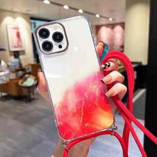 For iPhone 14 Pro Gold Halo Marble Pattern Lanyard Phone Case(Red)