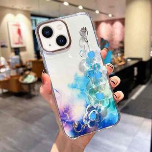 For iPhone 14 Plus Gold Halo Marble Pattern Case with Flower Bracelet (Blue)