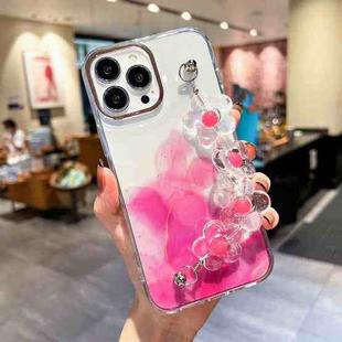 For iPhone 14 Pro Gold Halo Marble Pattern Case with Flower Bracelet(Pink)