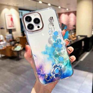 For iPhone 14 Pro Max Gold Halo Marble Pattern Case with Flower Bracelet (Blue)