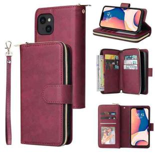 For iPhone 14 9 Card Slots Zipper Wallet Bag Leather Phone Case (Wine Red)