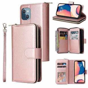 For iPhone 14 Plus 9 Card Slots Zipper Wallet Bag Leather Phone Case (Rose Gold)