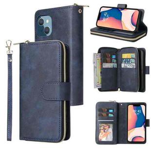 For iPhone 14 Plus 9 Card Slots Zipper Wallet Bag Leather Phone Case (Blue)