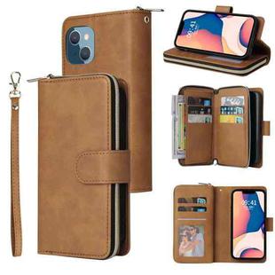 For iPhone 14 Plus 9 Card Slots Zipper Wallet Bag Leather Phone Case (Brown)