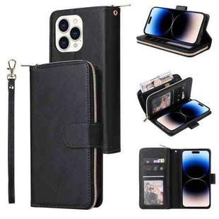 For iPhone 14 Pro Max 9 Card Slots Zipper Wallet Bag Leather Phone Case (Black)