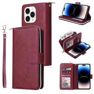 For iPhone 14 Pro Max 9 Card Slots Zipper Wallet Bag Leather Phone Case (Wine Red)