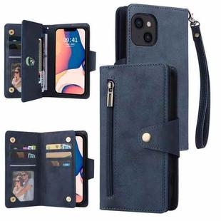 For iPhone 14 Rivet Buckle 9 Cards Three Fold Leather Phone Case (Blue)