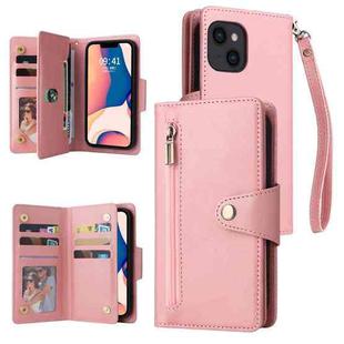 For iPhone 14 Rivet Buckle 9 Cards Three Fold Leather Phone Case (Rose Gold)