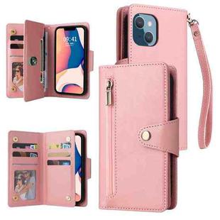 For iPhone 14 Plus Rivet Buckle 9 Cards Three Fold Leather Phone Case (Rose Gold)