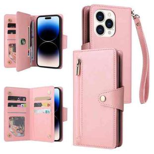 For iPhone 14 Pro Rivet Buckle 9 Cards Three Fold Leather Phone Case(Rose Gold)