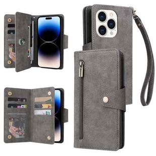 For iPhone 14 Pro Max Rivet Buckle 9 Cards Three Fold Leather Phone Case (Grey)