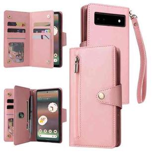 For Google Pixel 6a Rivet Buckle 9 Cards Three Fold Leather Phone Case(Rose Gold)