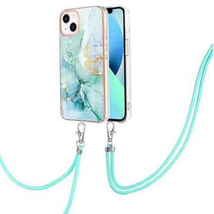 For iPhone 14 Electroplating Marble Pattern IMD TPU Shockproof Case with Neck Lanyard (Green 003)