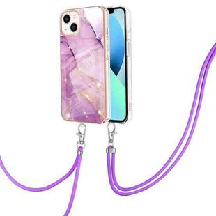 For iPhone 14 Plus Electroplating Marble Pattern IMD TPU Shockproof Case with Neck Lanyard (Purple 001)