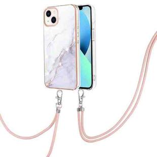 For iPhone 14 Plus Electroplating Marble Pattern IMD TPU Shockproof Case with Neck Lanyard (White 006)