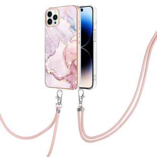 For iPhone 14 Pro Electroplating Marble Pattern IMD TPU Shockproof Case with Neck Lanyard(Rose Gold 005)