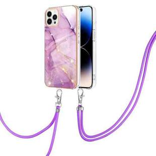 For iPhone 14 Pro Max Electroplating Marble Pattern IMD TPU Shockproof Case with Neck Lanyard (Purple 001)