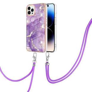 For iPhone 14 Pro Max Electroplating Marble Pattern IMD TPU Shockproof Case with Neck Lanyard (Purple 002)