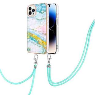 For iPhone 14 Pro Max Electroplating Marble Pattern IMD TPU Shockproof Case with Neck Lanyard (Green 004)