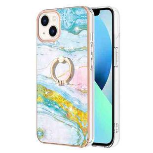 For iPhone 14 Electroplating Marble Pattern IMD TPU Shockproof Case with Ring Holder (Green 004)