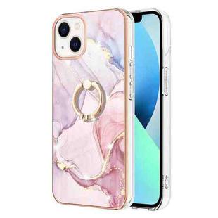 For iPhone 14 Plus Electroplating Marble Pattern IMD TPU Shockproof Case with Ring Holder (Rose Gold 005)