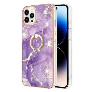 For iPhone 14 Pro Electroplating Marble Pattern IMD TPU Shockproof Case with Ring Holder(Purple 002)