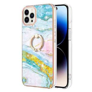 For iPhone 14 Pro Electroplating Marble Pattern IMD TPU Shockproof Case with Ring Holder(Green 004)