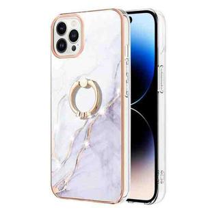 For iPhone 14 Pro Electroplating Marble Pattern IMD TPU Shockproof Case with Ring Holder(White 006)