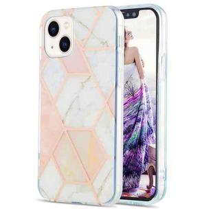 For iPhone 14 Electroplating Splicing Marble Flower Pattern Dual-side IMD TPU Shockproof Phone Case (Pink White)