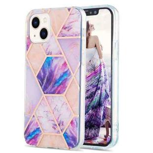 For iPhone 14 Plus Electroplating Splicing Marble Flower Pattern Dual-side IMD TPU Shockproof Phone Case (Light Purple)