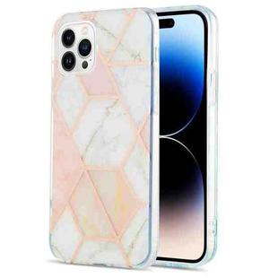 For iPhone 14 Pro Electroplating Splicing Marble Flower Pattern Dual-side IMD TPU Shockproof Phone Case(Pink White)